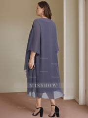 Plus Size Knee-Length Mother of the Bride A-Line Dress with Scoop Neck and Beading