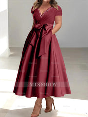 Plus Size Mother of the Bride A-Line Princess V-Neck Dress with Pockets and Ruffles