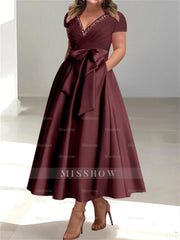 Plus Size Mother of the Bride A-Line Princess V-Neck Dress with Pockets and Ruffles
