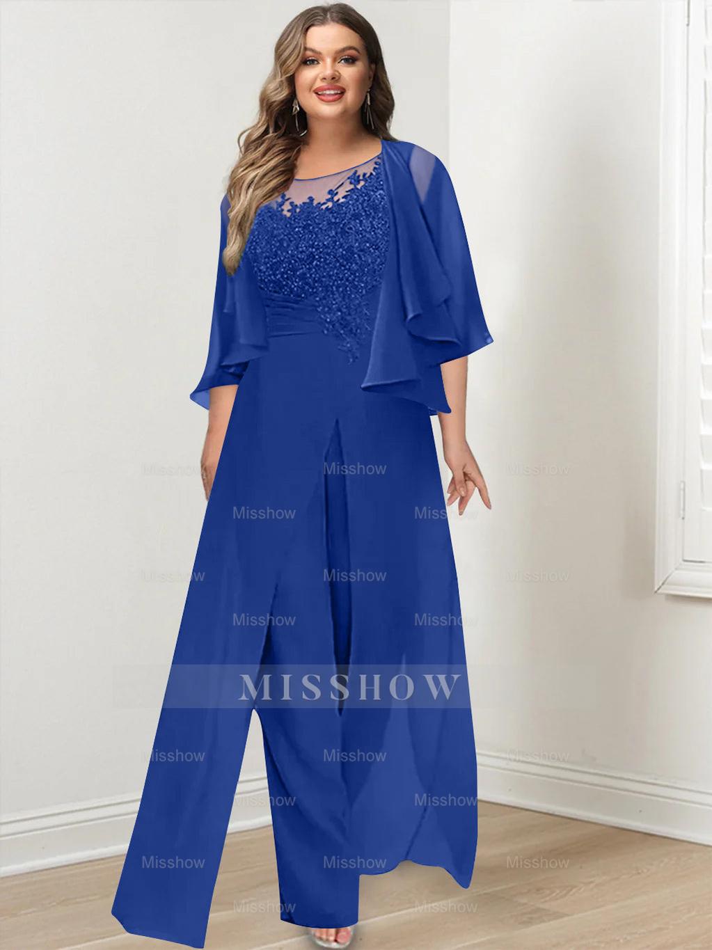 Plus Size Mother of the Bride A-Line/Princess Jumpsuit with Jacket Floor-Length Design Side Split & Appliques