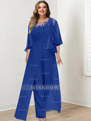 Plus Size Mother of the Bride A-Line/Princess Jumpsuit with Jacket Floor-Length Design Side Split & Appliques
