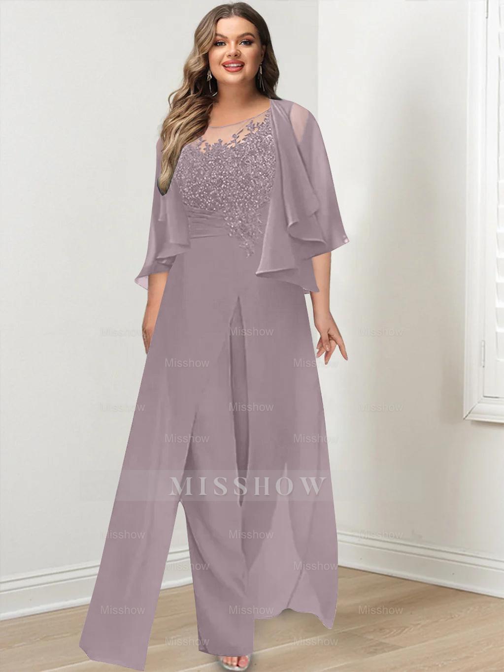 Plus Size Mother of the Bride A-Line/Princess Jumpsuit with Jacket Floor-Length Design Side Split & Appliques