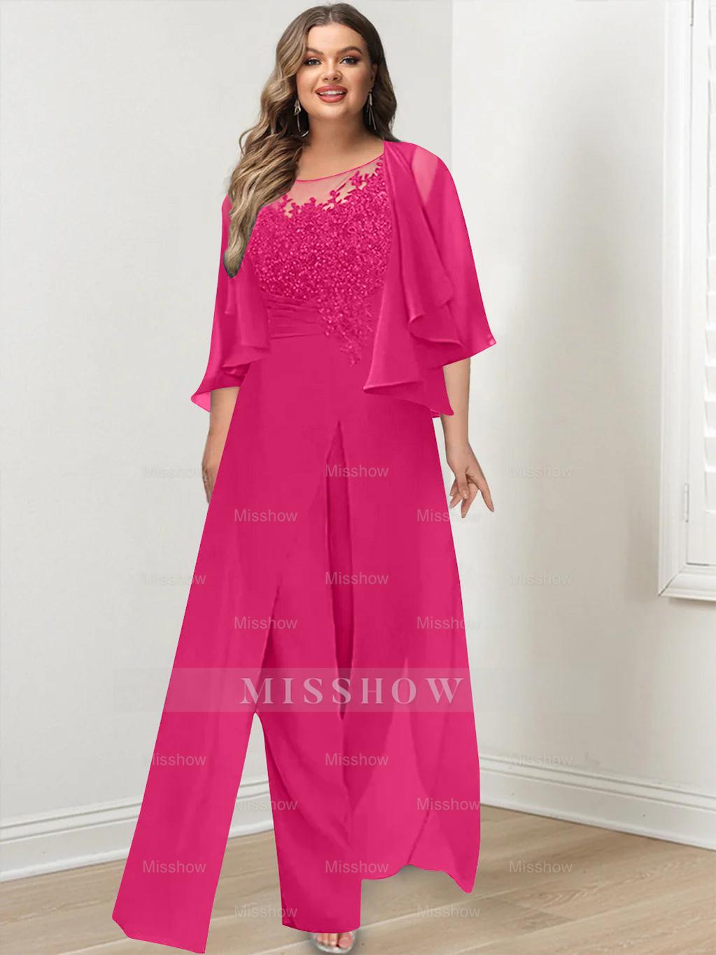 Plus Size Mother of the Bride A-Line/Princess Jumpsuit with Jacket Floor-Length Design Side Split & Appliques