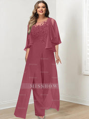 Plus Size Mother of the Bride A-Line/Princess Jumpsuit with Jacket Floor-Length Design Side Split & Appliques