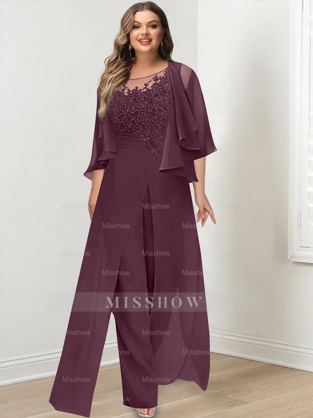 Plus Size Mother of the Bride A-Line/Princess Jumpsuit with Jacket Floor-Length Design Side Split & Appliques