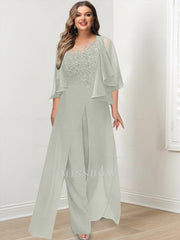 Plus Size Mother of the Bride A-Line/Princess Jumpsuit with Jacket Floor-Length Design Side Split & Appliques