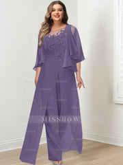 Plus Size Mother of the Bride A-Line/Princess Jumpsuit with Jacket Floor-Length Design Side Split & Appliques