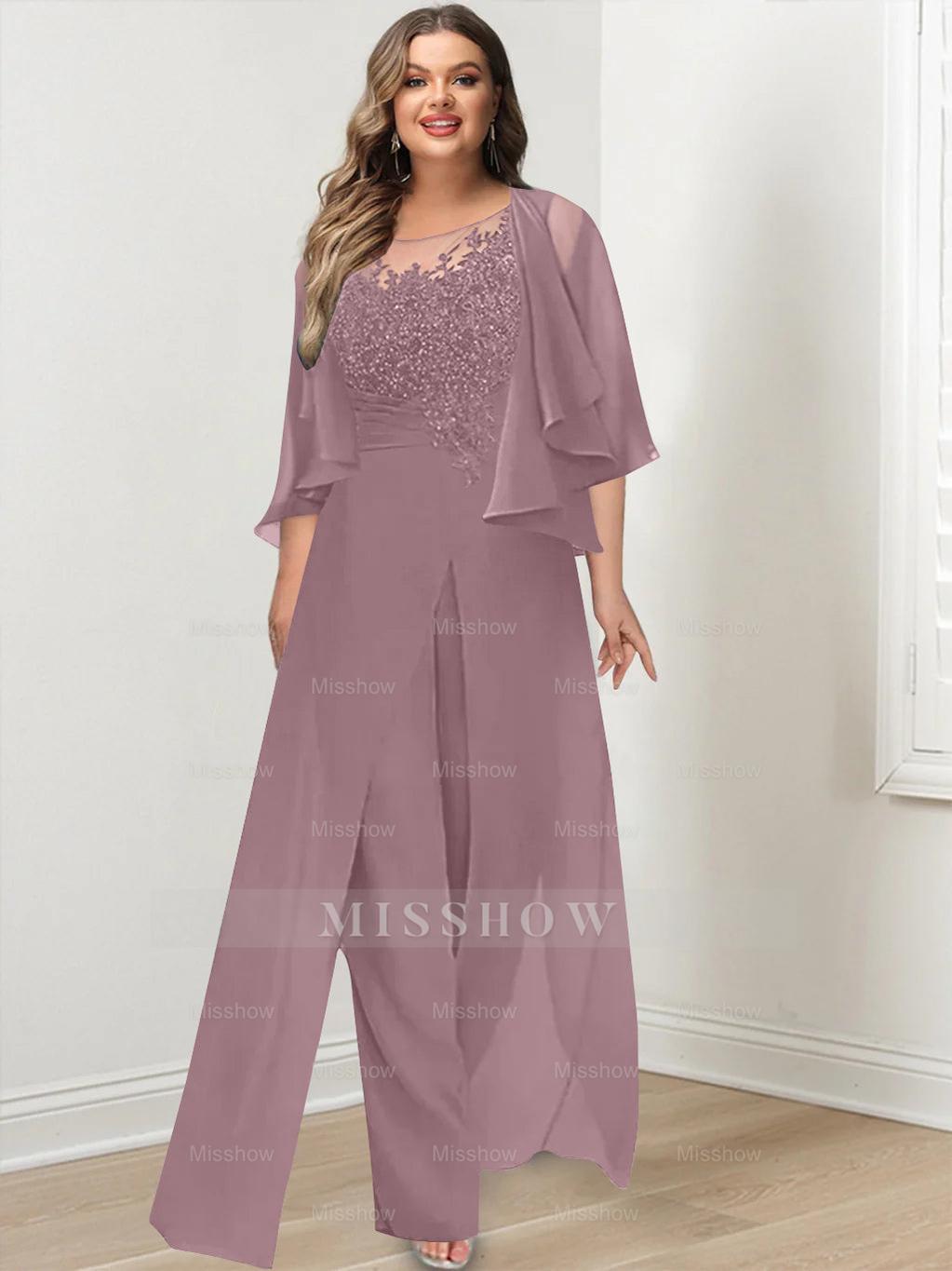 Plus Size Mother of the Bride A-Line/Princess Jumpsuit with Jacket Floor-Length Design Side Split & Appliques