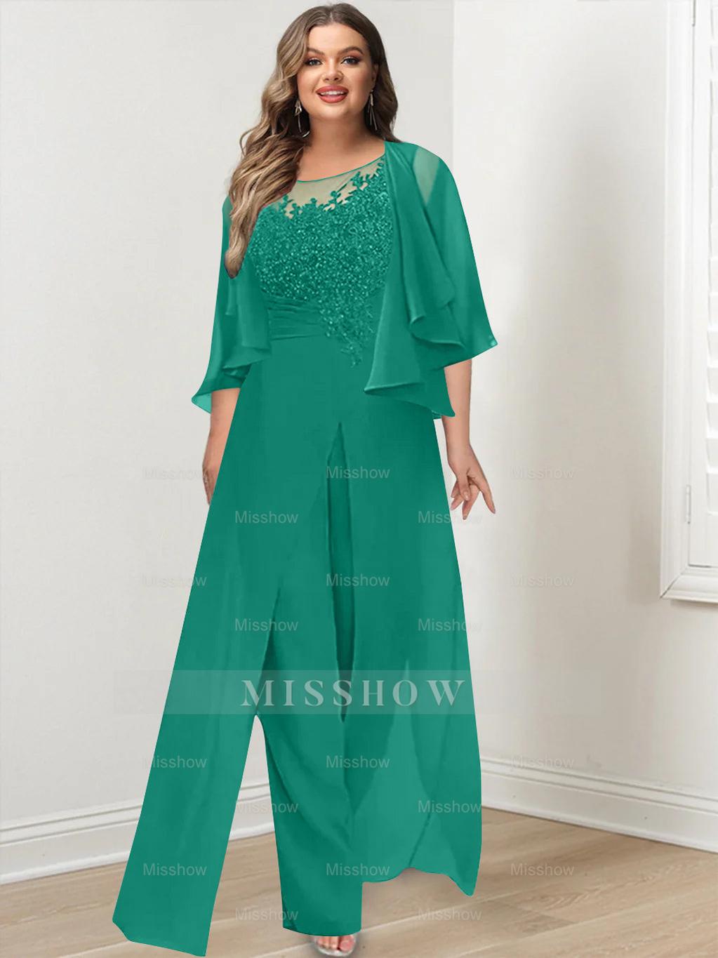Plus Size Mother of the Bride A-Line/Princess Jumpsuit with Jacket Floor-Length Design Side Split & Appliques