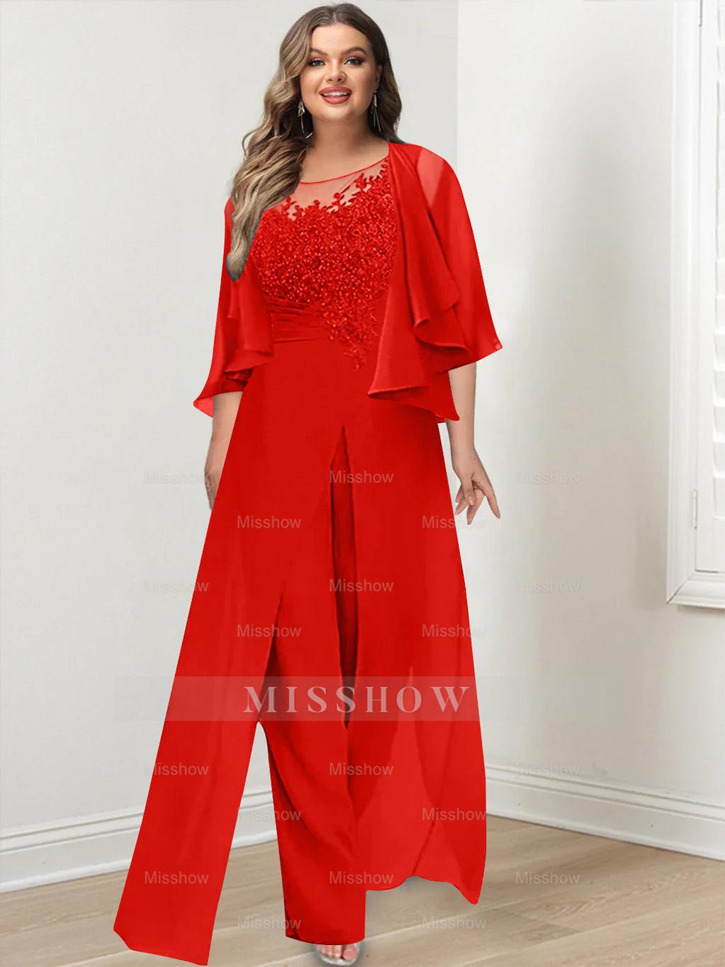 Plus Size Mother of the Bride A-Line/Princess Jumpsuit with Jacket Floor-Length Design Side Split & Appliques