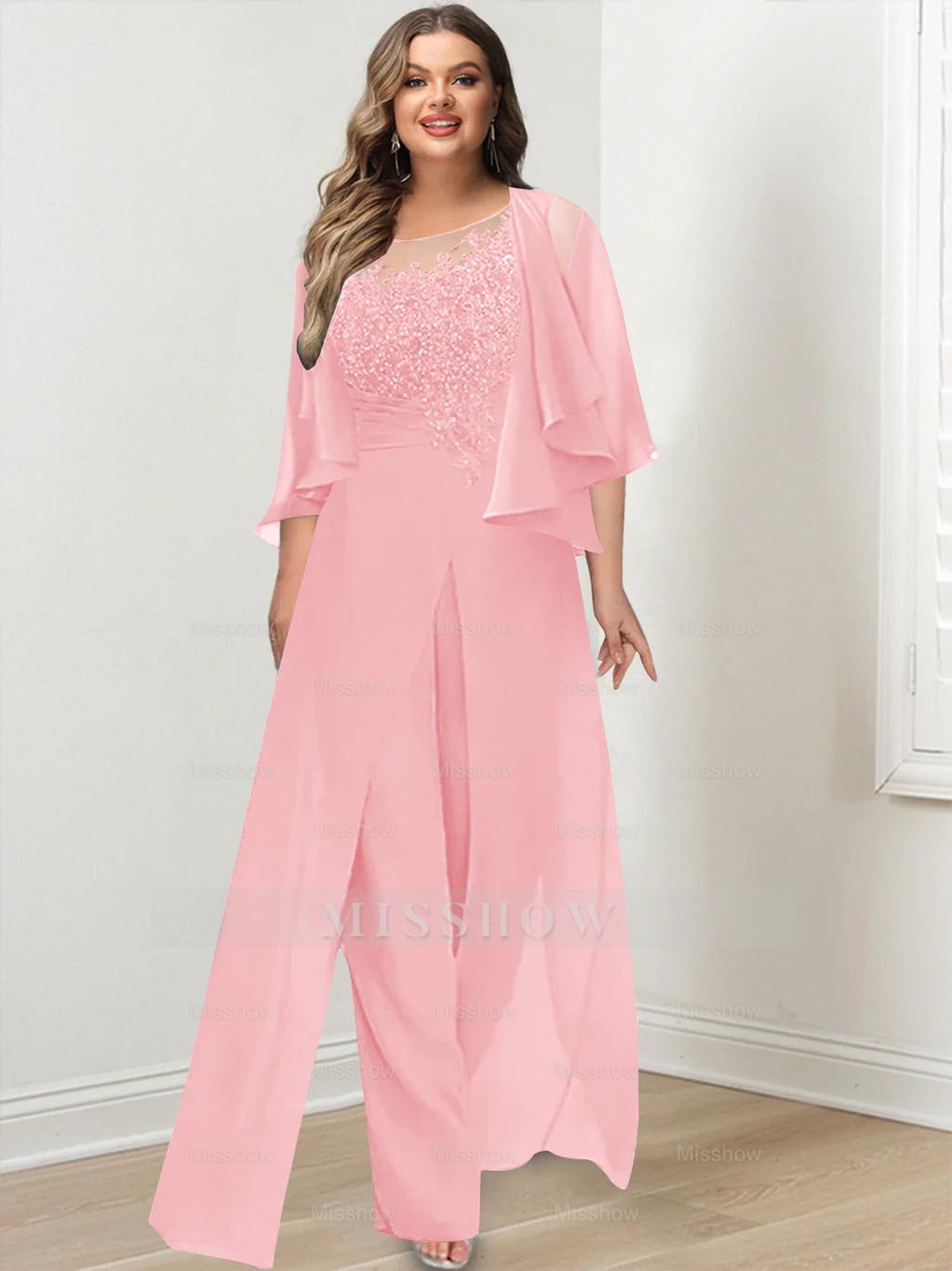 Plus Size Mother of the Bride A-Line/Princess Jumpsuit with Jacket Floor-Length Design Side Split & Appliques