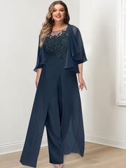 Plus Size Mother of the Bride A-Line/Princess Jumpsuit with Jacket Floor-Length Design Side Split & Appliques