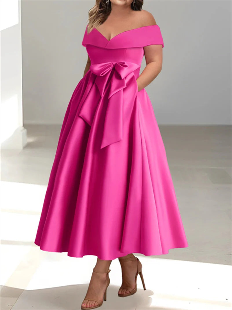Plus Size Off-the-Shoulder Sleeveless A-Line/Princess Mother of the Bride Ankle-Length Dress with Pockets
