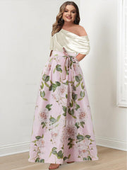 Plus Size Printed Flower Mother of the Bride A-Line/Princess Dress with One-Shoulder Bow Belt