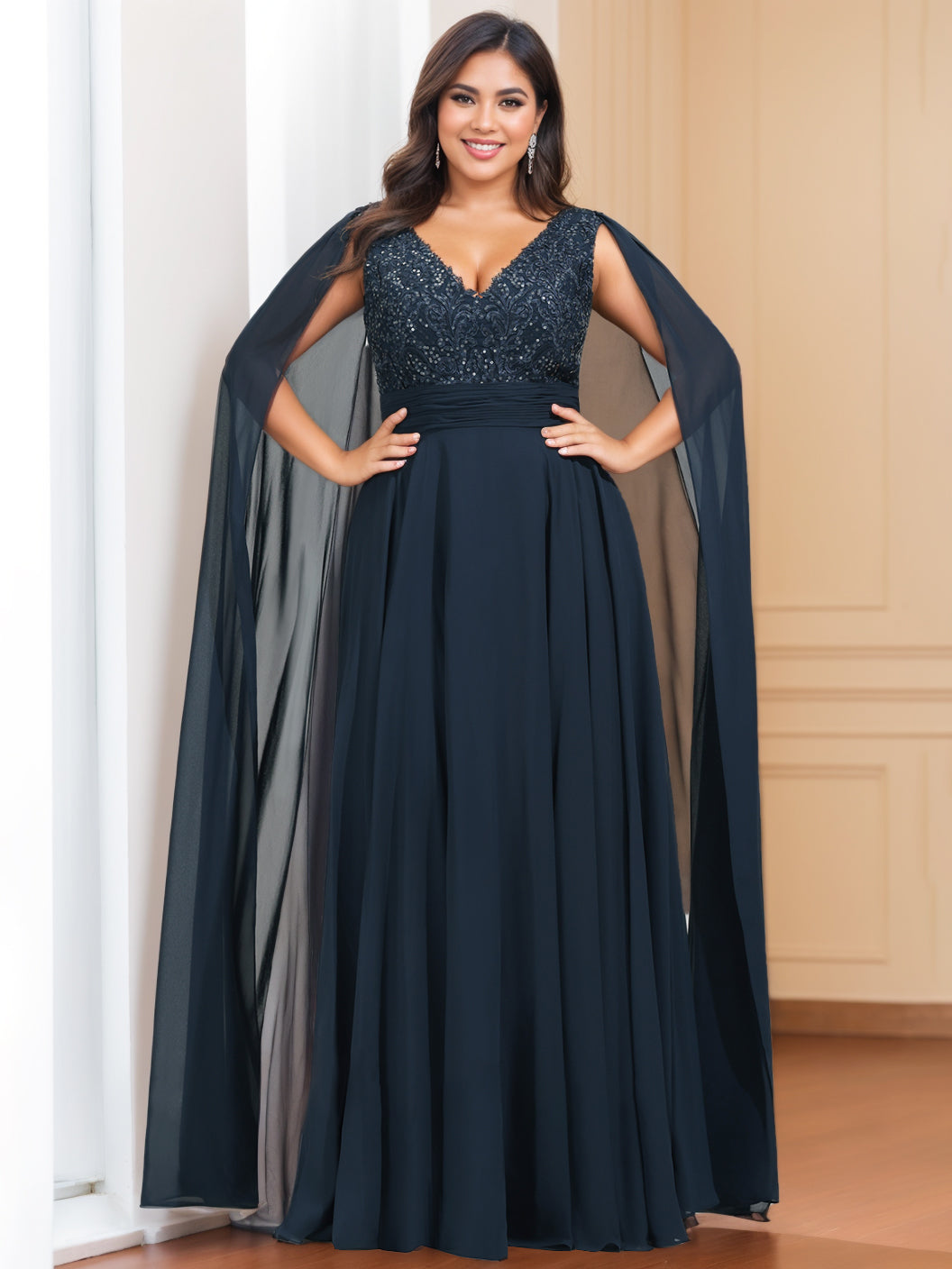 Plus Size Sleeveless V-Neck A-Line Princess Mother of the Bride Dress with Floor-Length Sequins & Watteau Train