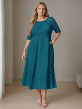 Plus Size Tea-Length Mother of the Bride A-Line Dress with Ruffles Round Neck and Half Sleeves