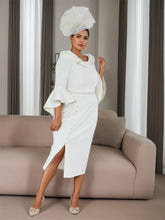Plus Size Tea-Length Mother of the Bride Dress with 3/4 Sleeves Belt and Pearl Details