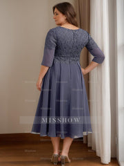 Plus Size Tea-Length Mother of the Bride Dress with V-Neck and 3/4 Princess Sleeves