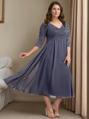 Plus Size Tea-Length Mother of the Bride Dress with V-Neck and 3/4 Princess Sleeves