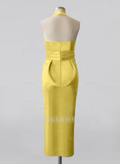 Plus Size Tea-Length Mother of the Bride Halter Dress with Bowknot