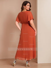 Plus Size V-Neck A-Line Mother of the Bride Dress with Short Sleeves and Asymmetrical Appliques