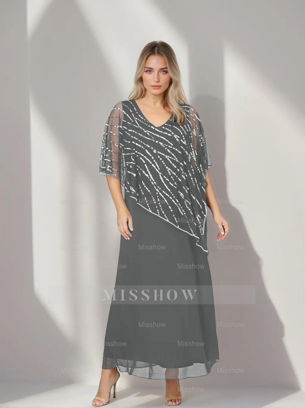 Plus Size V-Neck A-Line Princess Ankle-Length Mother of the Bride Dress with Asymmetrical Cape Popover and Half Sleeves