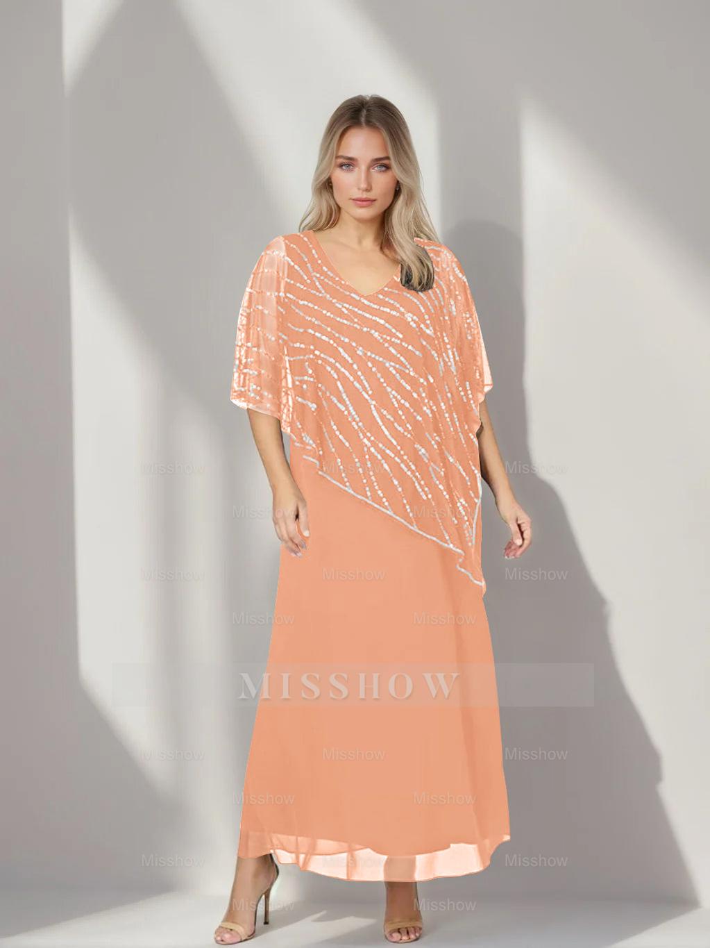 Plus Size V-Neck A-Line Princess Ankle-Length Mother of the Bride Dress with Asymmetrical Cape Popover and Half Sleeves