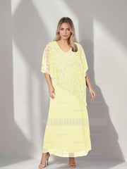 Plus Size V-Neck A-Line Princess Ankle-Length Mother of the Bride Dress with Asymmetrical Cape Popover and Half Sleeves