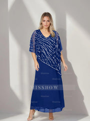 Plus Size V-Neck A-Line Princess Ankle-Length Mother of the Bride Dress with Asymmetrical Cape Popover and Half Sleeves