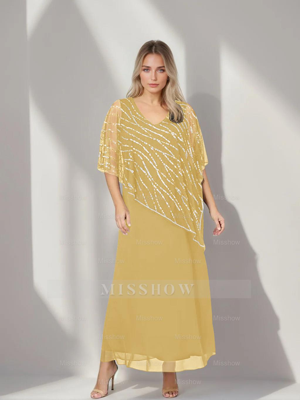 Plus Size V-Neck A-Line Princess Ankle-Length Mother of the Bride Dress with Asymmetrical Cape Popover and Half Sleeves