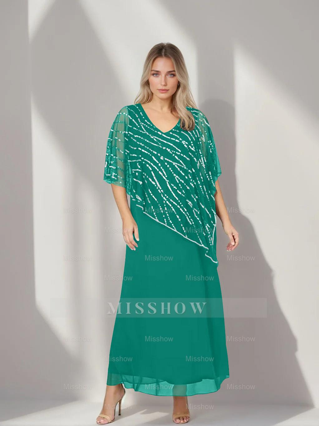 Plus Size V-Neck A-Line Princess Ankle-Length Mother of the Bride Dress with Asymmetrical Cape Popover and Half Sleeves