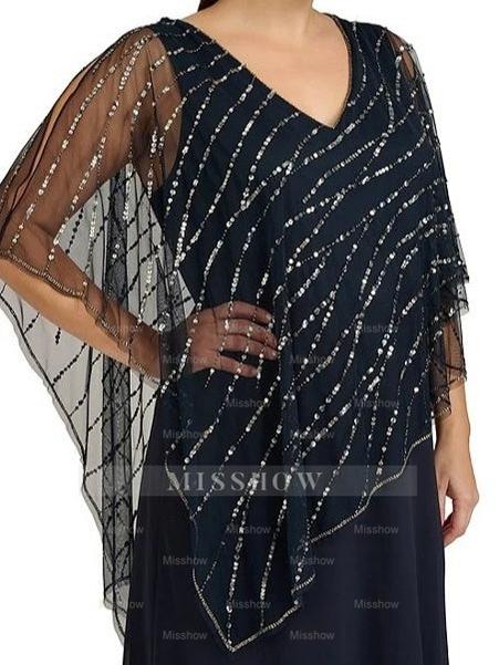Plus Size V-Neck A-Line Princess Ankle-Length Mother of the Bride Dress with Asymmetrical Cape Popover and Half Sleeves