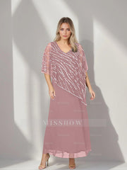 Plus Size V-Neck A-Line Princess Ankle-Length Mother of the Bride Dress with Asymmetrical Cape Popover and Half Sleeves