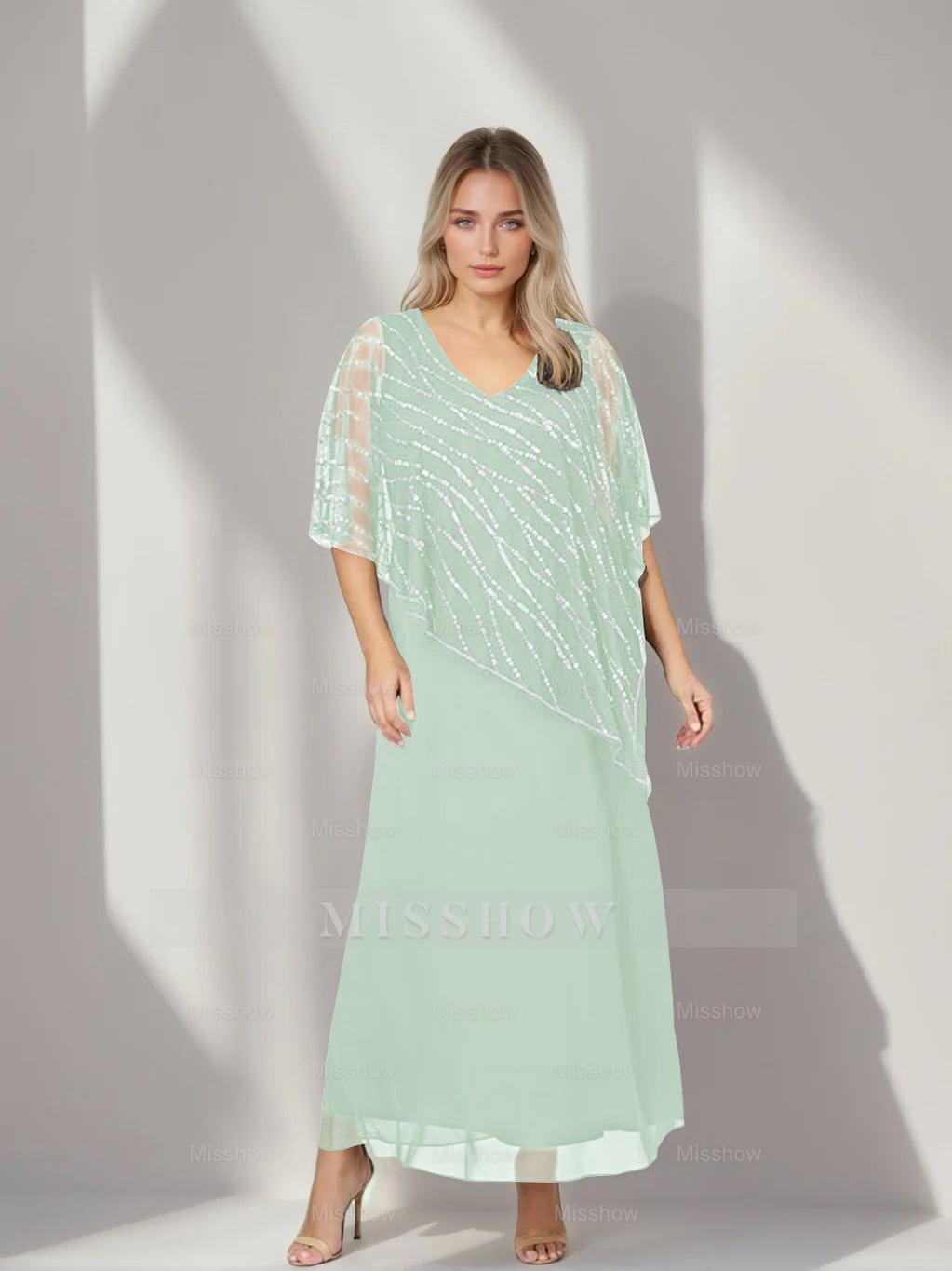 Plus Size V-Neck A-Line Princess Ankle-Length Mother of the Bride Dress with Asymmetrical Cape Popover and Half Sleeves