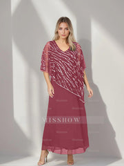 Plus Size V-Neck A-Line Princess Ankle-Length Mother of the Bride Dress with Asymmetrical Cape Popover and Half Sleeves