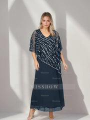 Plus Size V-Neck A-Line Princess Ankle-Length Mother of the Bride Dress with Asymmetrical Cape Popover and Half Sleeves