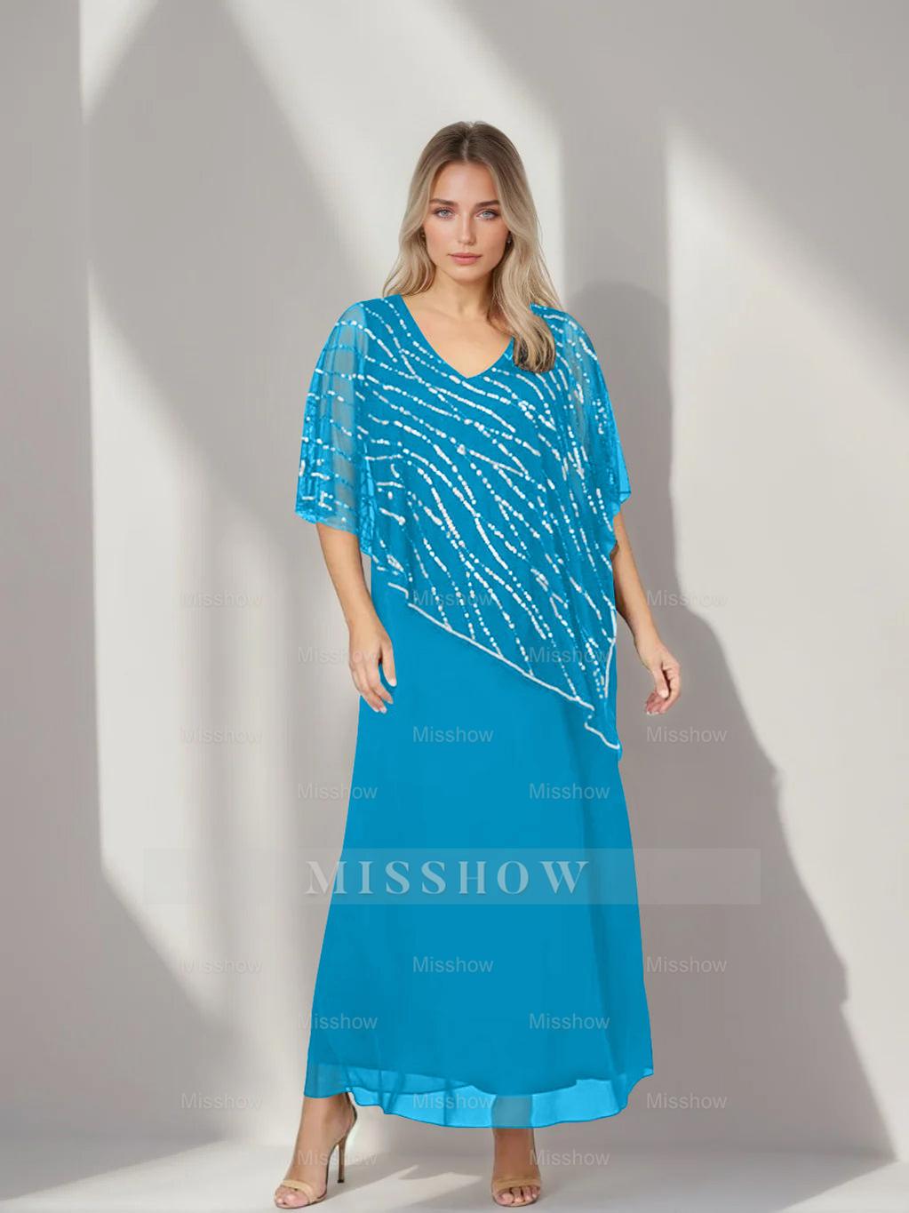 Plus Size V-Neck A-Line Princess Ankle-Length Mother of the Bride Dress with Asymmetrical Cape Popover and Half Sleeves