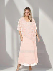 Plus Size V-Neck A-Line Princess Ankle-Length Mother of the Bride Dress with Asymmetrical Cape Popover and Half Sleeves