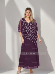 Plus Size V-Neck A-Line Princess Ankle-Length Mother of the Bride Dress with Asymmetrical Cape Popover and Half Sleeves