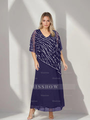 Plus Size V-Neck A-Line Princess Ankle-Length Mother of the Bride Dress with Asymmetrical Cape Popover and Half Sleeves