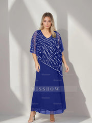 Plus Size V-Neck A-Line Princess Ankle-Length Mother of the Bride Dress with Asymmetrical Cape Popover and Half Sleeves