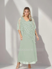 Plus Size V-Neck A-Line Princess Ankle-Length Mother of the Bride Dress with Asymmetrical Cape Popover and Half Sleeves