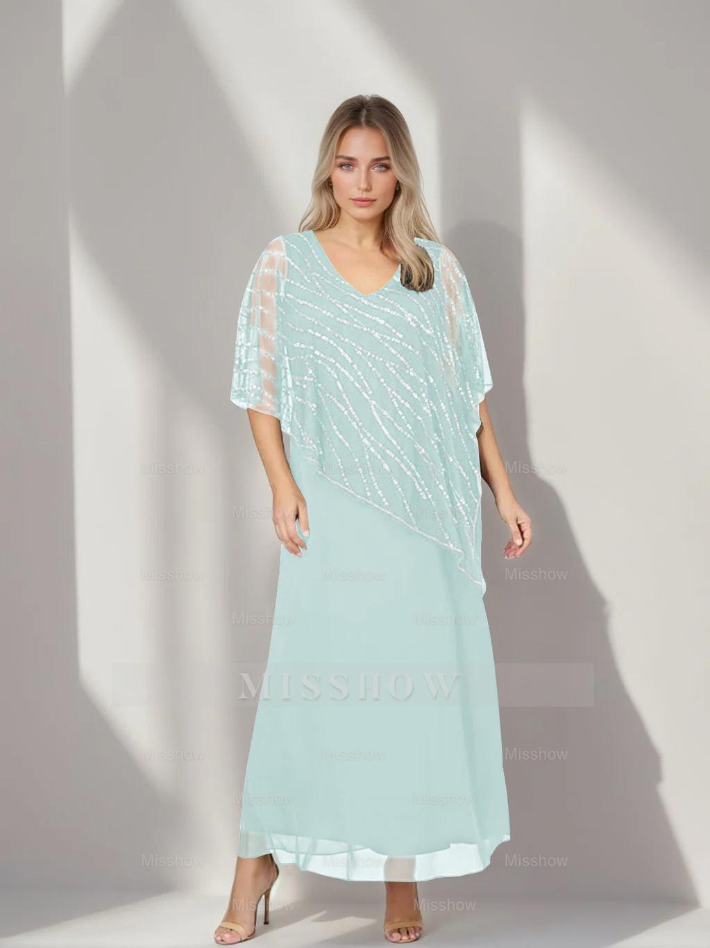 Plus Size V-Neck A-Line Princess Ankle-Length Mother of the Bride Dress with Asymmetrical Cape Popover and Half Sleeves