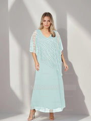 Plus Size V-Neck A-Line Princess Ankle-Length Mother of the Bride Dress with Asymmetrical Cape Popover and Half Sleeves