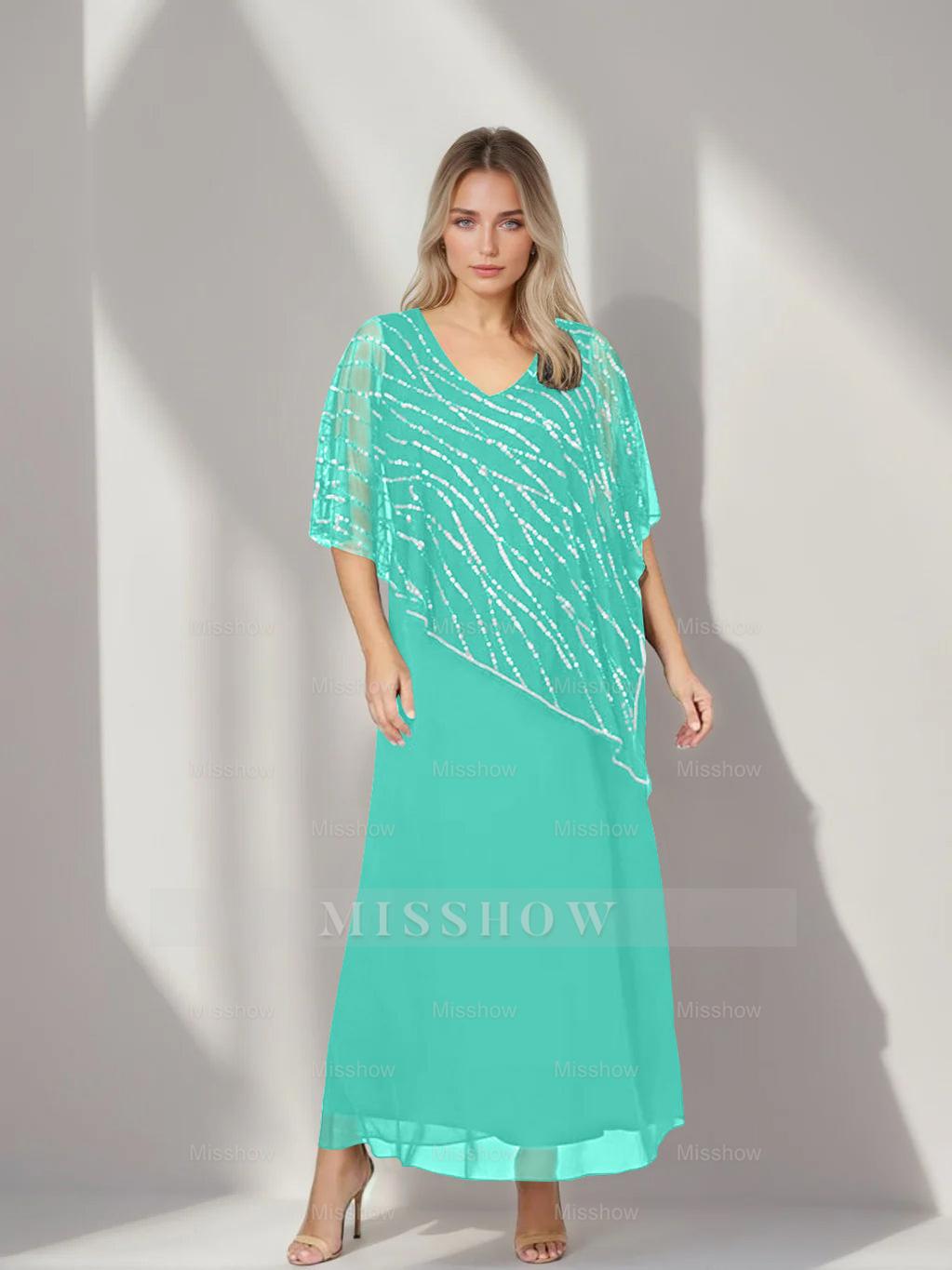 Plus Size V-Neck A-Line Princess Ankle-Length Mother of the Bride Dress with Asymmetrical Cape Popover and Half Sleeves