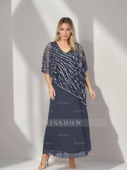 Plus Size V-Neck A-Line Princess Ankle-Length Mother of the Bride Dress with Asymmetrical Cape Popover and Half Sleeves