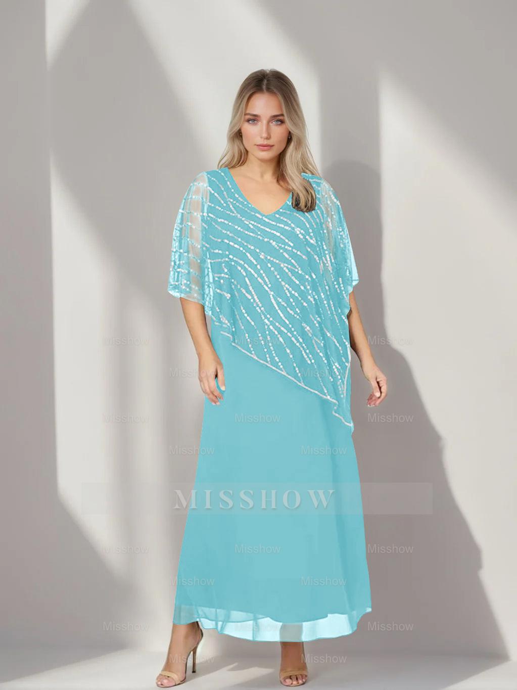 Plus Size V-Neck A-Line Princess Ankle-Length Mother of the Bride Dress with Asymmetrical Cape Popover and Half Sleeves