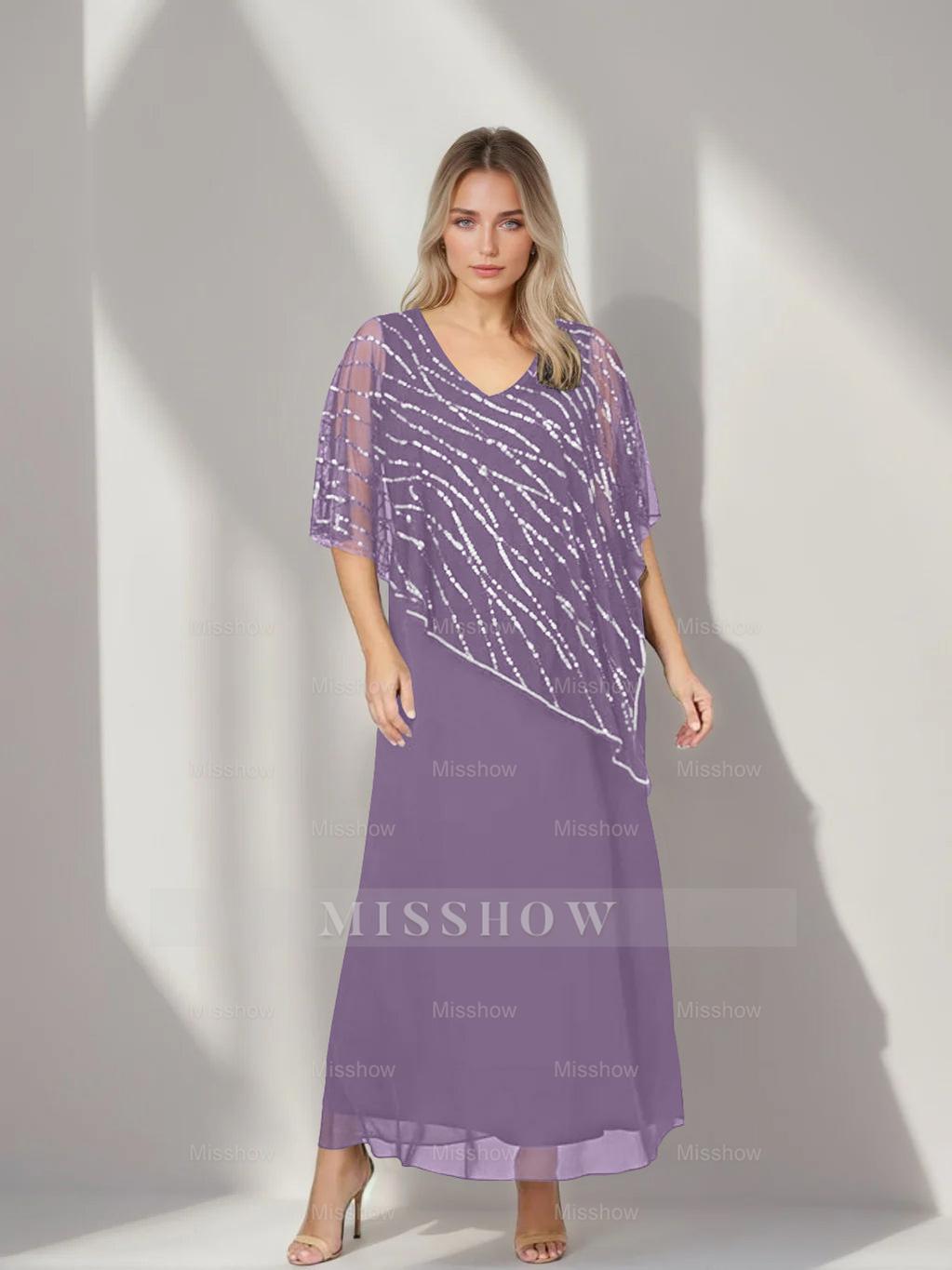 Plus Size V-Neck A-Line Princess Ankle-Length Mother of the Bride Dress with Asymmetrical Cape Popover and Half Sleeves