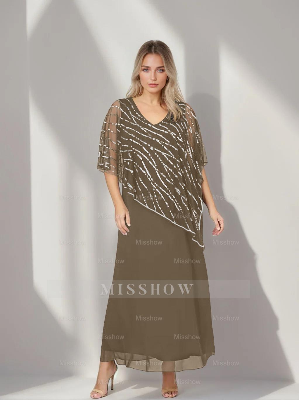 Plus Size V-Neck A-Line Princess Ankle-Length Mother of the Bride Dress with Asymmetrical Cape Popover and Half Sleeves