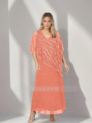 Plus Size V-Neck A-Line Princess Ankle-Length Mother of the Bride Dress with Asymmetrical Cape Popover and Half Sleeves